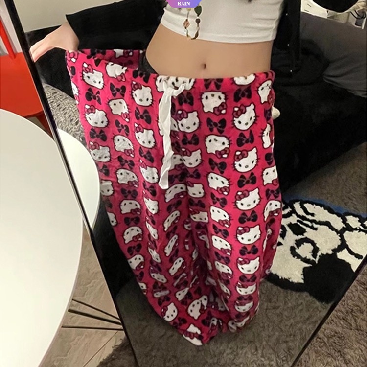 Sanrio Hello Kitty Cute New Pajama Pants Kawaii Anime Calça Caseira Feminina Cartoon Casual Loose High Waist Aesthetic Sleepwear Calças Femininas [RAIN]