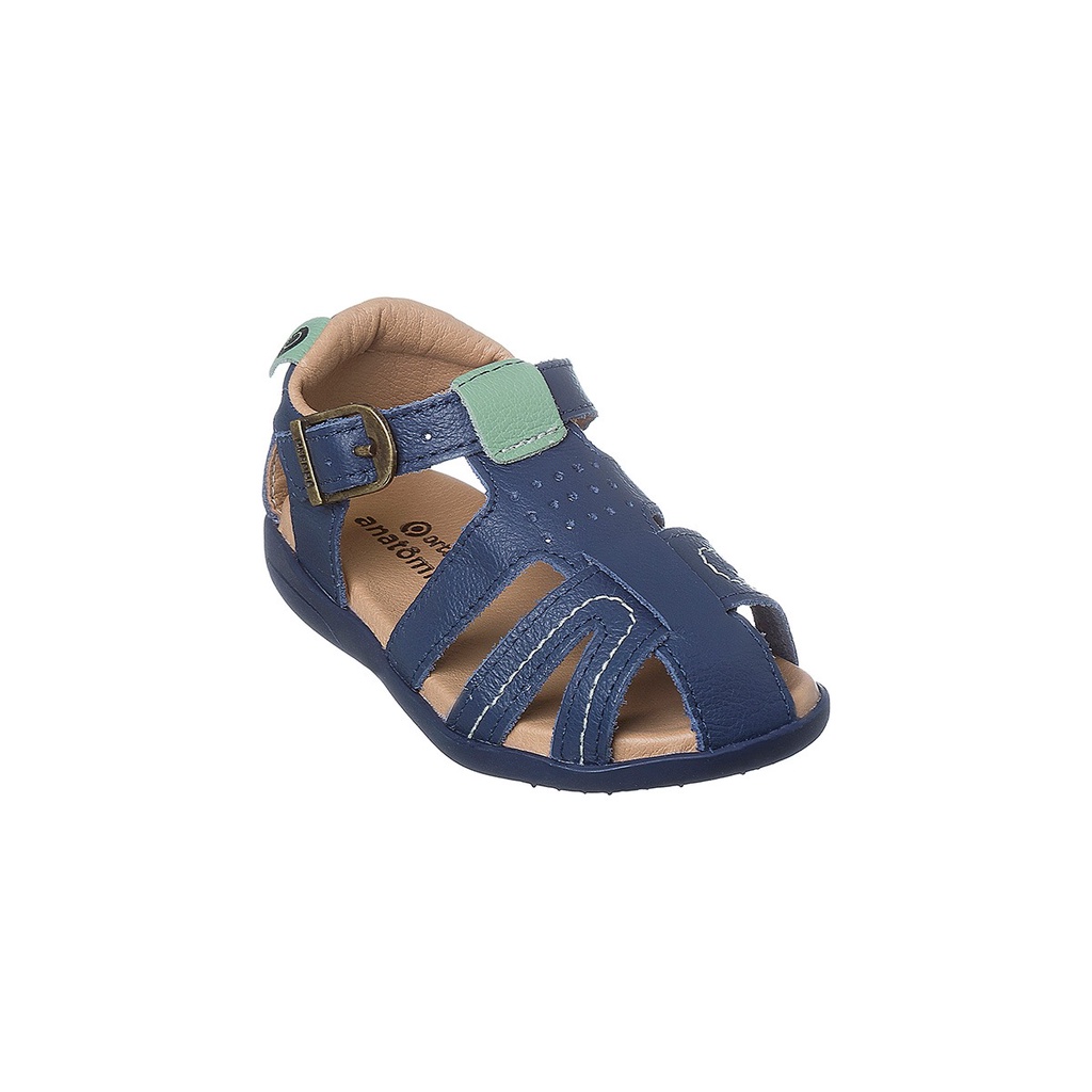 Sandália Infantil Masculina Ortopé Autentica Couro Azul Marinho e