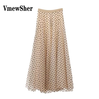 VmewSher Spring Polka Dot Puffy Saia De Malha Feminina Retro Longo Comprimento Médio Bezerro Cintura Alta Verão Vintage Fashion Sweet Net Yarn Novo