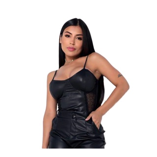 Top Corset em Material Sintético com Amarração Lateral e Recortes Preto