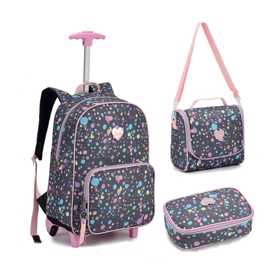 Kit Mochila Feminina Com Rodinhas Juvenil Lancheira E Estojo | Shopee ...