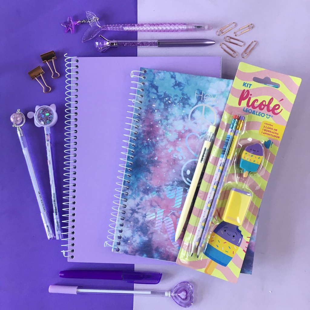 Kit Papelaria Tons de Roxo Fofa Kawaii Cor Lilas Escolar Neon Pastel