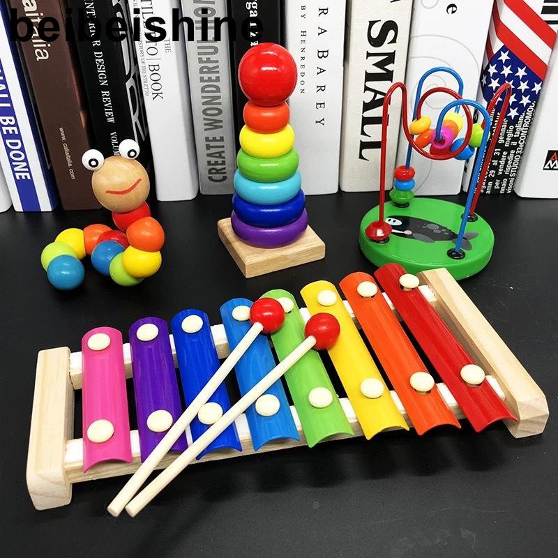 Crianças Mão Rotativa Brinquedo De Piano De Madeira Puzzle Do Bebê 1-2-3 Anos de Idade Oito Tons Xilofone