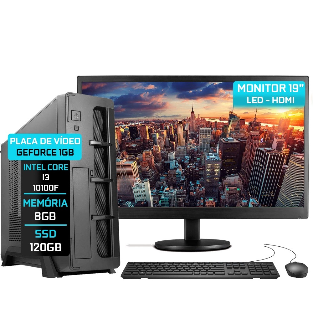 Computador Fácil Slim Completo Intel Core i3 10100F (Décima Geração) 8GB DDR4 SSD 120GB Monitor 19" HDMI LED