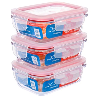 Kit com 3 Potes de Vidro Hermético 370ml Retangular Invicta