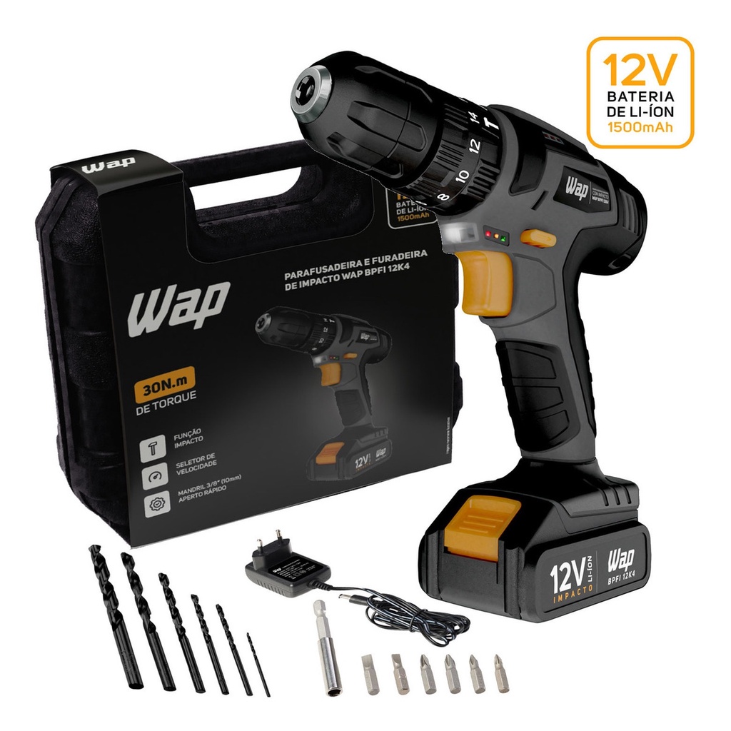 Parafusadeira Impacto Bateria 12v 10mm Maleta 13 Peças Wap