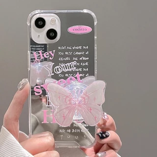 Para IPhone 15 Porta-Espelho De Suporte De Borboleta Cor-De-Rosa Coreano 11 14 Pro Max 13 12 15 Promax XR XS 7/8 Plus Capa De Telefone TPU Macia E Resistente À Sujeira De Letras Simples