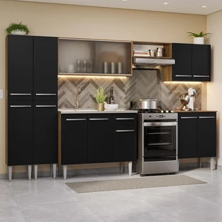 Armário de Cozinha Completa 293cm com Pia Rustic/Preto Emilly Madesa 06 em Oferta na Shopee