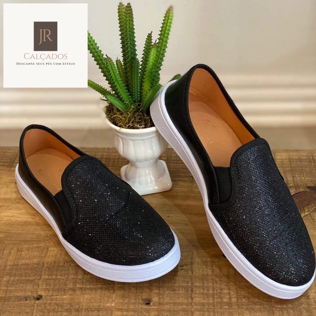 Sapato feminino slip on feminino brilho casual calce fácil com laço ...
