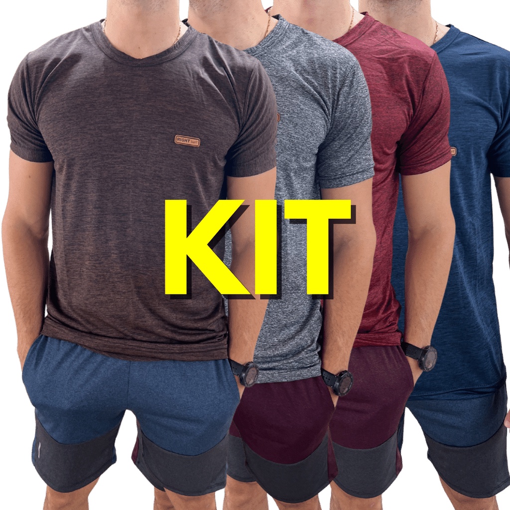 Conjunto Treino Kit 4 Shorts Fit e 4 Camisas Manga Curta Academia