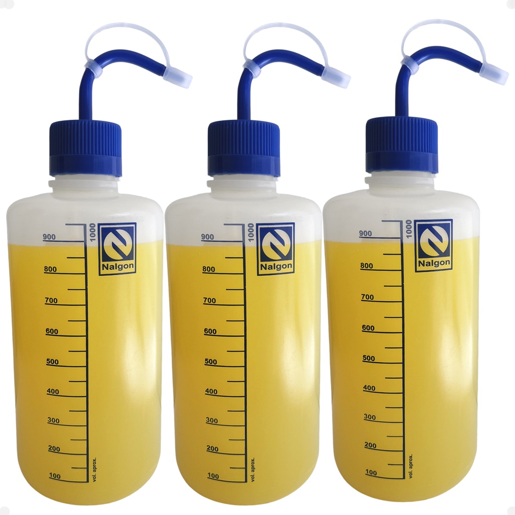 Kit 3 Frasco Dosador Pisseta 1000ml Bico Curvo Graduada
