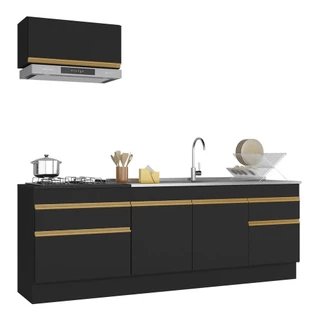 Cozinha Compacta com Rodapé Veneza Multimóveis MP2109 com Armário e Balcão Preta