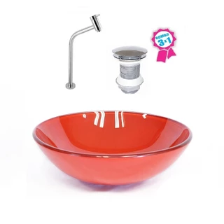 CUBA DE VIDRO REDONDA 31CM VERMELHO FERRARI + VÁLVULA CLICK + TORNEIRA DE METAL