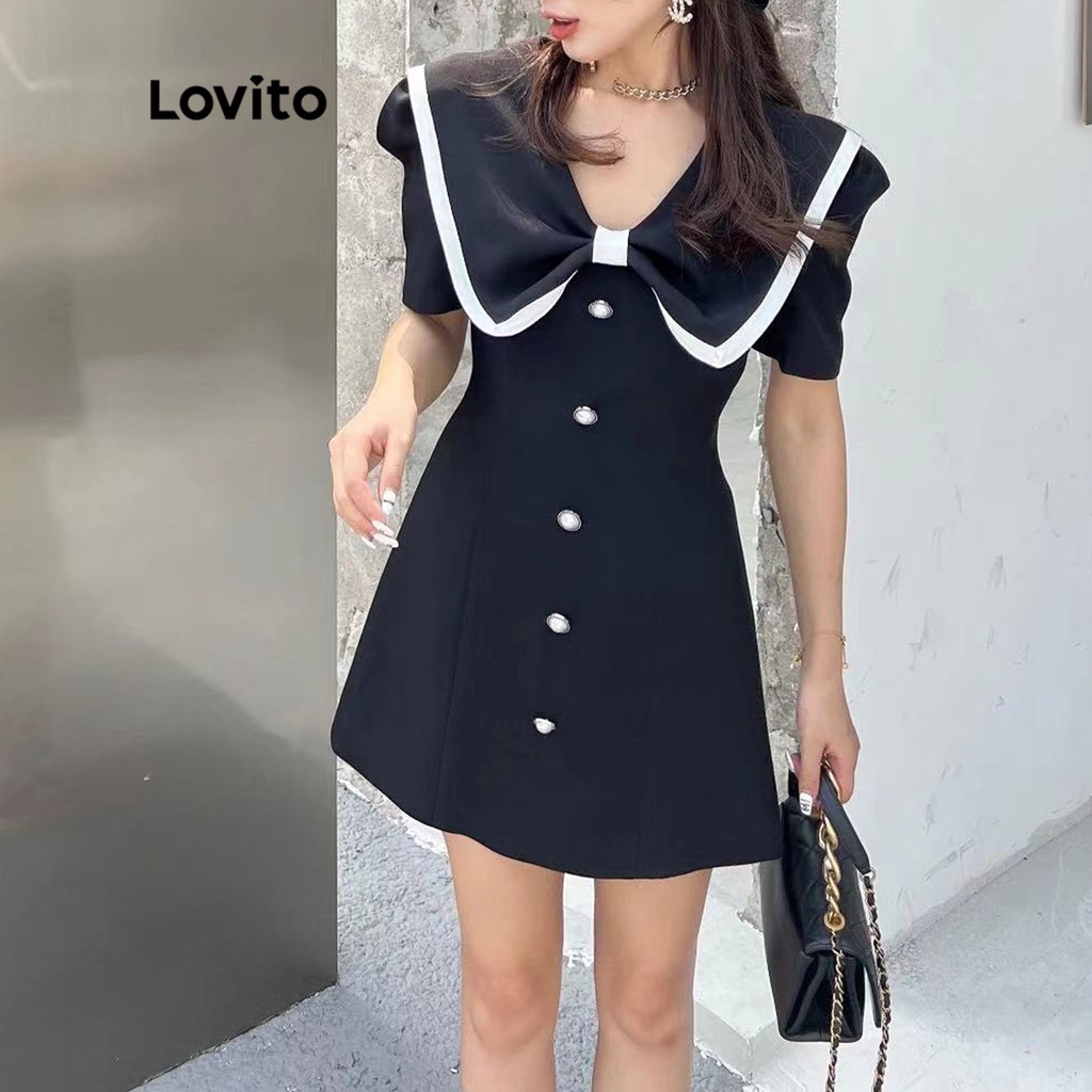 Lovito Fofo Vestido Feminino Liso de Manga Curta com Laço LNE12037 (Preto)