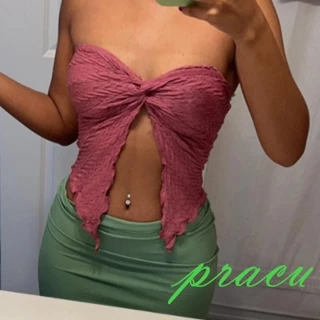 Pracu-Women Y2k Oferta De Ombro Sem Alças Frente Aberta Bandeau Tube Tops