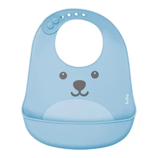 Babador De Silicone Com Bolso Pega Migalhas Gumy Azul Botão Ajustável Ideal Para Refeições Do Bebê