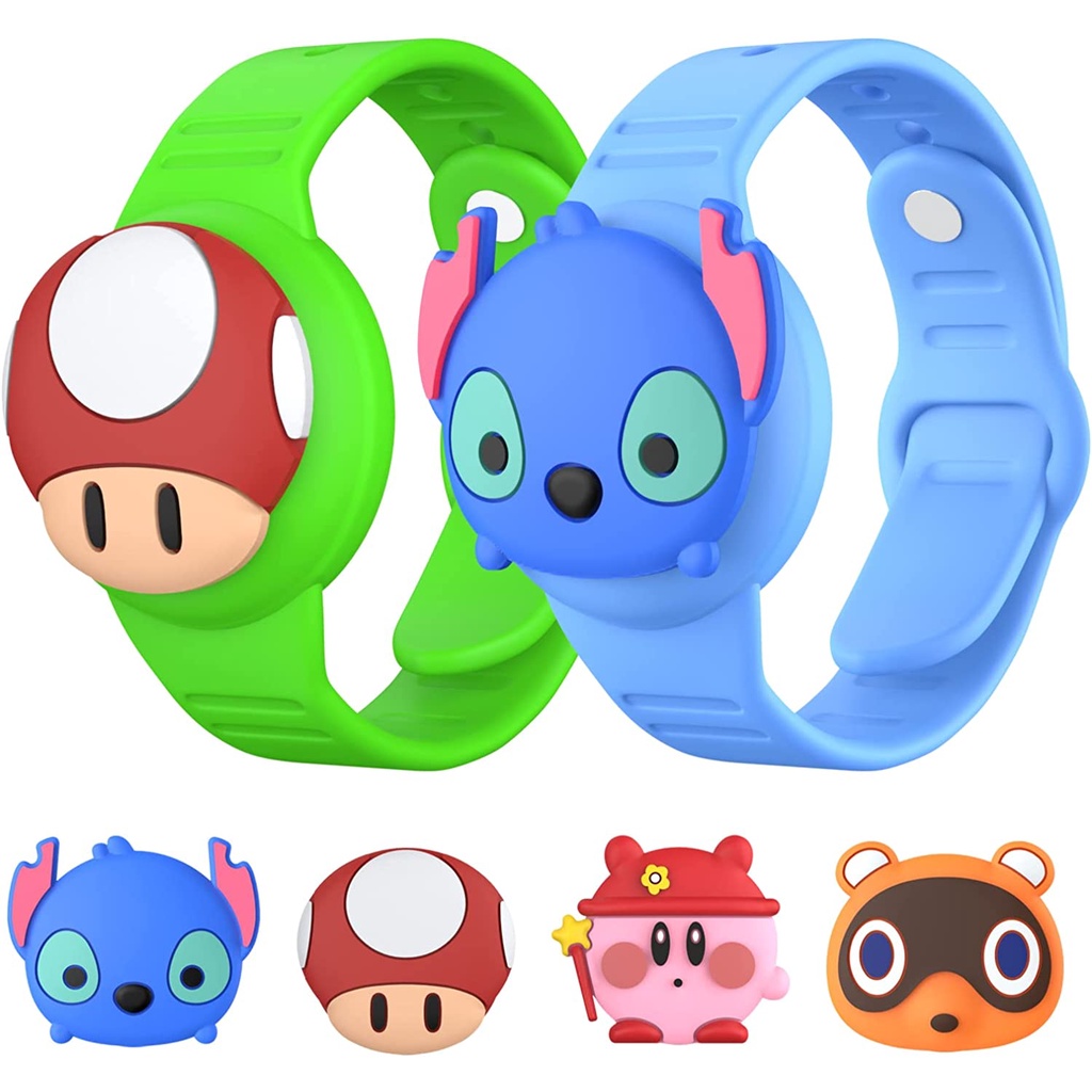 Airtag pulseira para crianças, bonito dos desenhos animados, faixa de relógio ajustável para Apple AirTag pulseira de silicone macio, capa protetora para criança adolescente (verde azul)