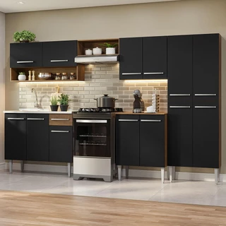 Armário de Cozinha Completa 293cm com Pia Rustic/Preto Emilly Madesa 09 em Oferta na Shopee