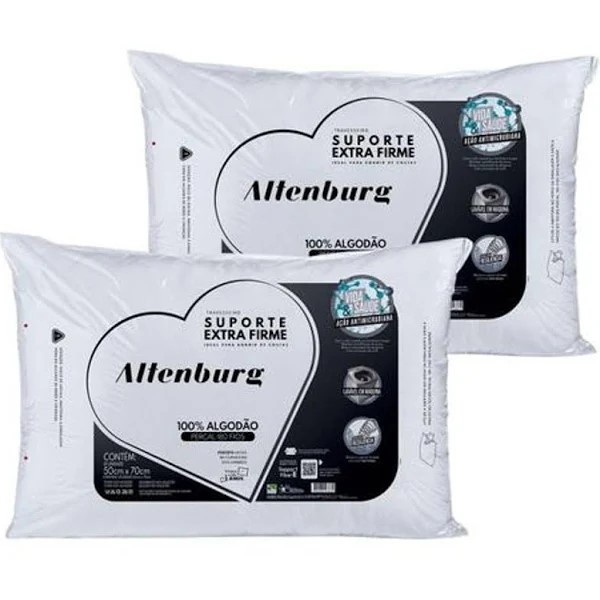 Kit 2 Travesseiros Altenburg Suporte Extra Firme 180 Fios Lavável 50cm x 70cm