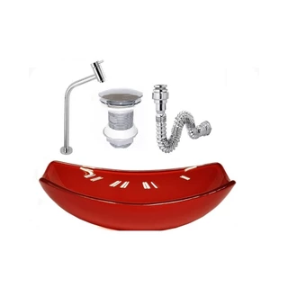 CUBA DE VIDRO OVAL CHANFRADA 46CM VERMELHO CEREJA + VALVULA + TORNEIRA + SIFAO
