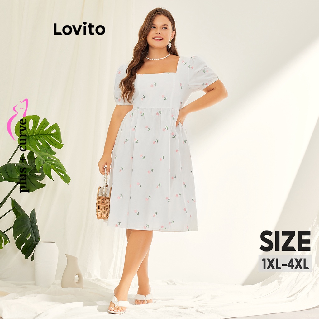 Lovito Vestido Floral com Ruchados e Cordão e Bordado Plus Size Curve para Mulheres LPS11058 (Branco)