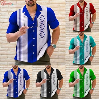 Camisa De Boliche Vintage Casual Homem Manga Curta Retro Riscada Botão Para Baixo