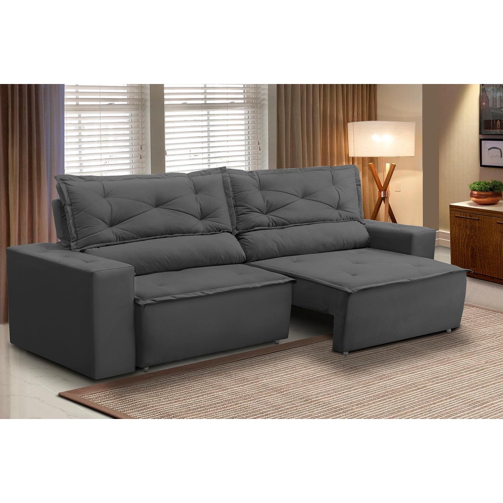 Sofá Retrátil e Reclinável 3 lugares com Molas 1,80m Livia Suede Cinza Adonai Estofados