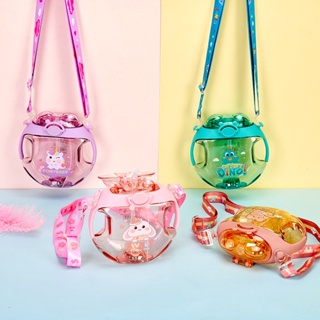 Garrafa De Água 1 Conjunto De 450ml De Água Garrafa Lanyard Shoulder Strap Luminous Leak-proof Cups Cartoon Dinossauro Padrão Donut Round Cup Para Crianças