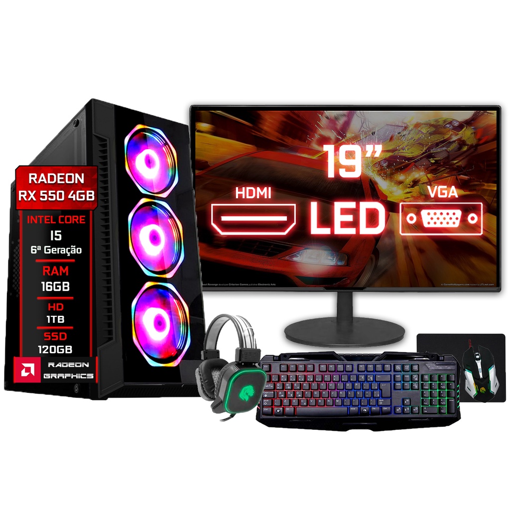 Pc Gamer Completo Intel i3 10100F / RX 550 4GB / 8G DDR4 / SSD 240GB /  Monitor 17 + Kit Gamer Completo