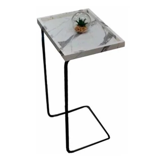 Apoio Lateral Sofá Marmorizada Granito Bandeja Porta Copos Base Metal Preta Decoração Sala