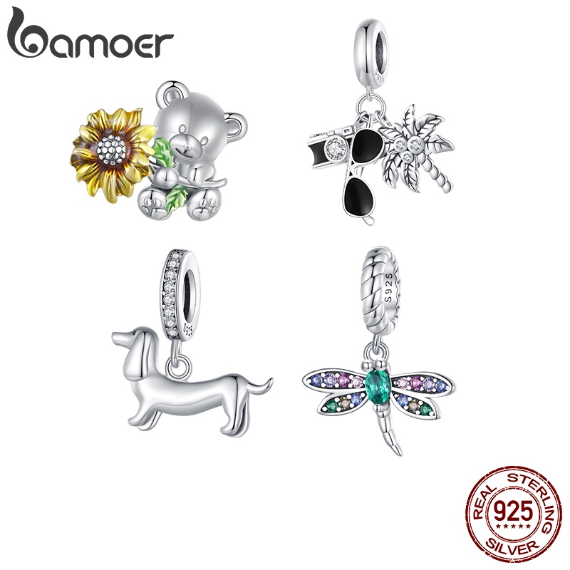 Bamoer 925 Sterling Silver Animal Pendant Coleção Urso/Cão/Libélula De Prata Pulseira De Faça-Você-Mesmo