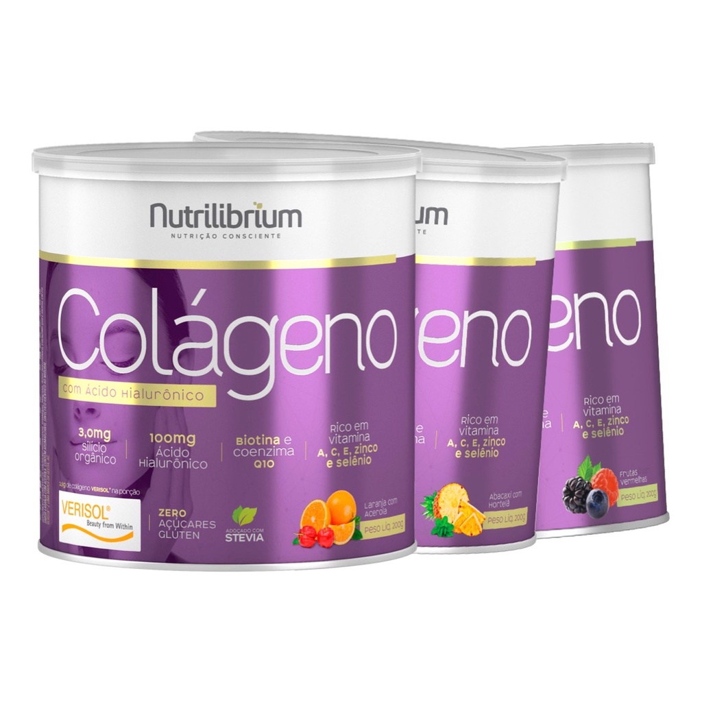 Kit 3x Colágeno Hidrolisado Verisol Ácido Hialurônico Biotina Coenzima Q10 200g Nutrilibrium