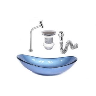 CUBA DE VIDRO OVAL 47CM AZUL + VÁLVULA CLICK + TORNEIRA DE METAL + SIFAO