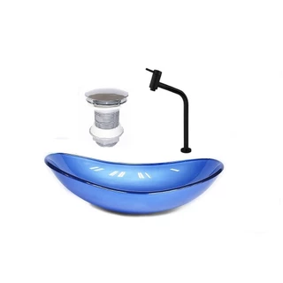CUBA DE VIDRO OVAL 55CM AZUL ESCURO VALVULA TORNEIRA PRETA