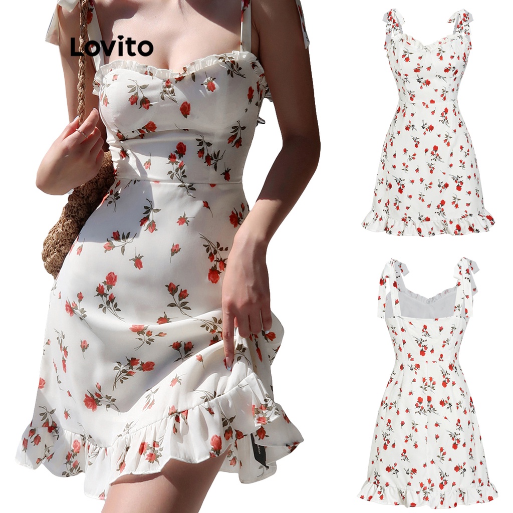 Lovito Vestido Boho Floral com Babado com Franzido e Amarração Ajustável para Mulheres L54ED098 (Branco)