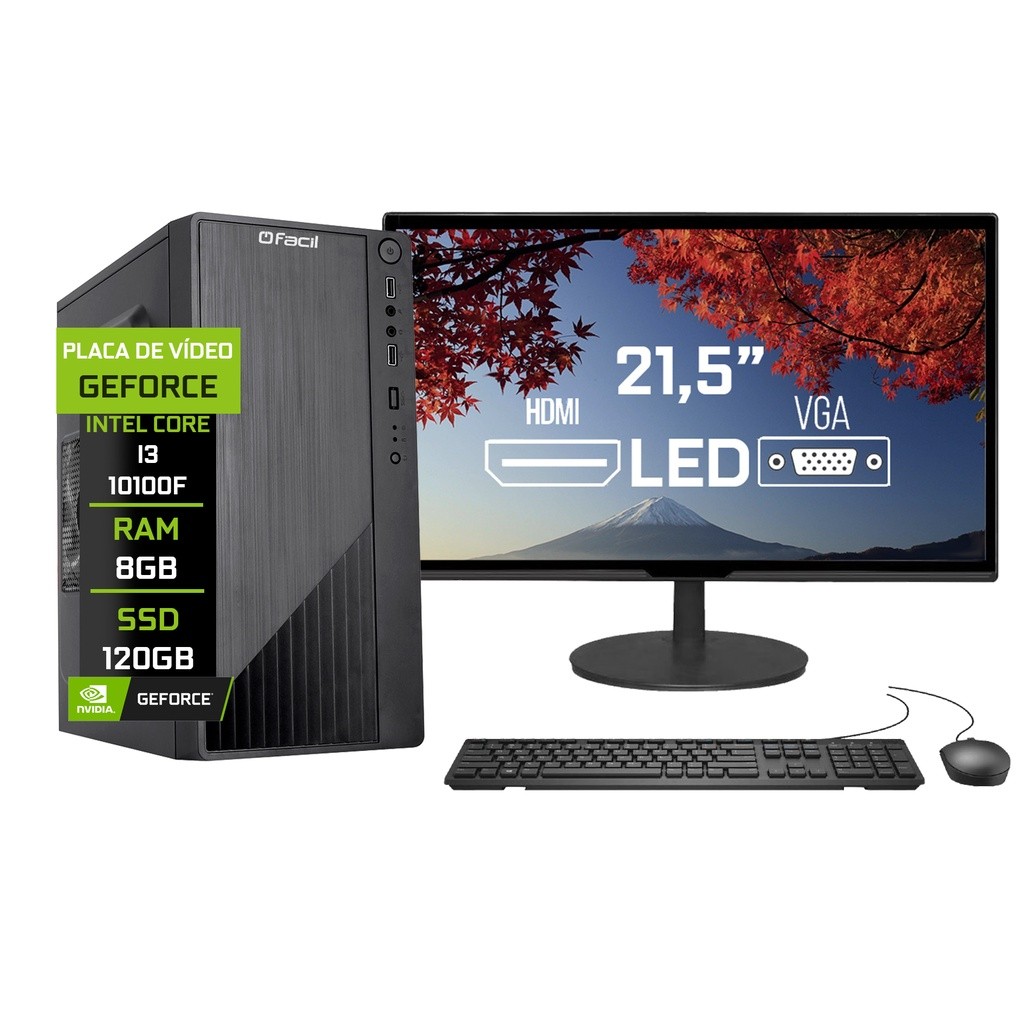 Computador Completo Fácil Intel Core i3 10100f (Décima Geração) 8GB DDR4 Geforce SSD 120GB Monitor 21,5" HDMI