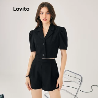 Lovito Elegante Cintura Elástica Simples Cordeiro Perna Manga Curta Conjuntos De Shorts De Cintura Alta Para Mulheres L47ED081 (Preto)