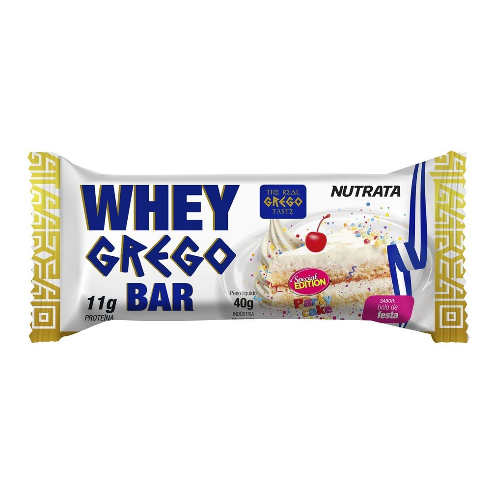 Barra Whey Grego Bar – 1 Unidade de 40g Bolo de Festa – Nutrata