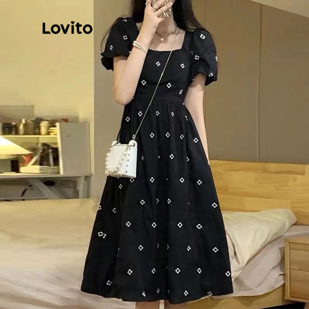 Lovito Vestido Casual com Mangas Bufantes Florais e Decote Quadrado para Mulheres LNE05105 (Preto)