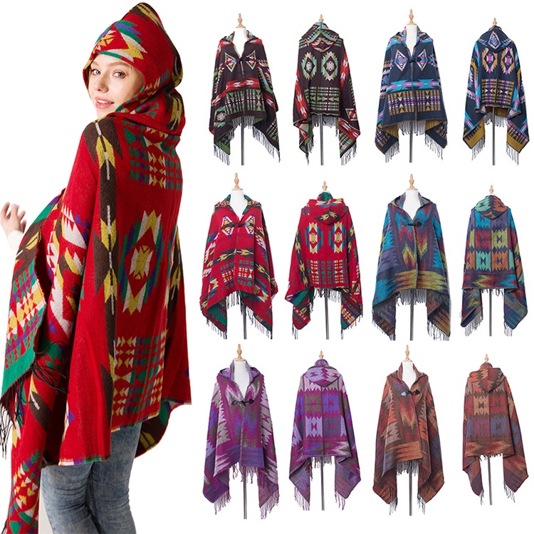 Mulher Manta com capuz Poncho Padrão de malha Poncho Manto de malha ...