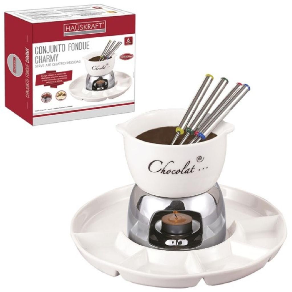 Kit Conjunto Fondue 8 Peças Panela Cerâmica Antiaderente Doce Salgado