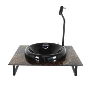 GABINETE COM CUBA DE VIDRO CHAPEU 10MM PRETA COM TAMPO 50CM MARMORE IMPERADOR MAIS TORNEIRA PRETA
