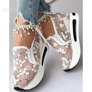 Sapatilhas Femininas Tênis Floral Bordado Para Mulheres De Malha Escorregam Em Sapatos Casuais Confortáveis De Salto Mulher