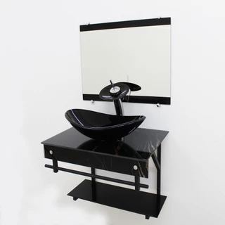 GABINETE DE VIDRO 60CM APX COM CUBA OVAL MÁRMORE PRETO