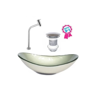 CUBA DE VIDRO OVAL 55CM CHAMPANHE VALVULA CLICK TORNEIRA METAL