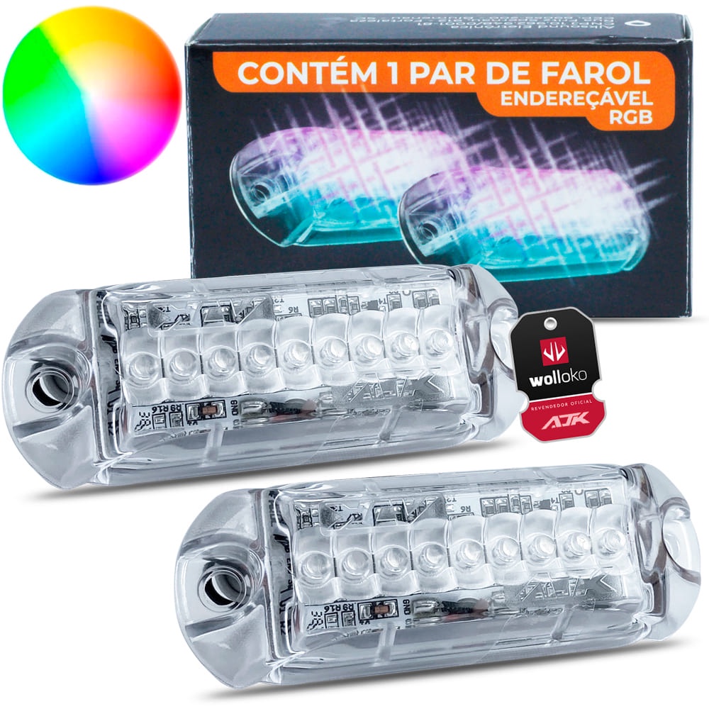 Par de Farol Strobo RGB AJK com 9 Leds 12V 3W Endereçável Para Central ...