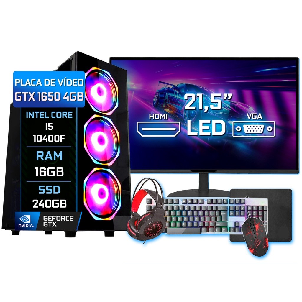 Pc Gamer Completo Fácil Intel i5 10400F 16GB GTX 1650 4GB SSD 240GB Monitor 21" - Kit Gamer Teclado Mouse Headset