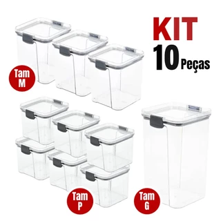 KIt 10 Potes Hermético Com Travas Acrílico Transparente 6P-3M-1G Porta Mantimentos Empilhável