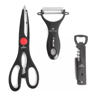 Kit Cozinha 3 Peças Tesoura Descascador Abridor Saca Rolha