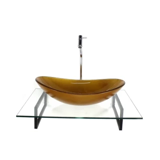 KIT CUBA DE VIDRO OVAL DOURADO REAL COM TAMPO 60CM INCOLOR E SUPORTE TORNEIRA VALVULA